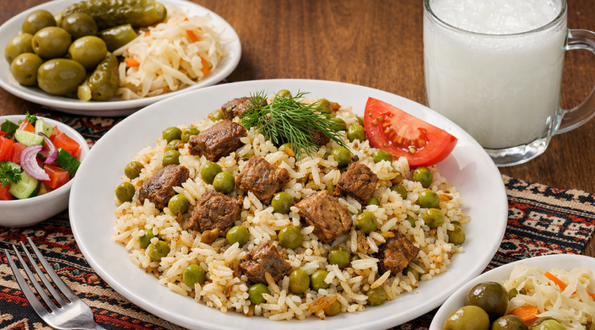 Nahar Süfresine Leziz etli Yasıl Noxudlu Plov