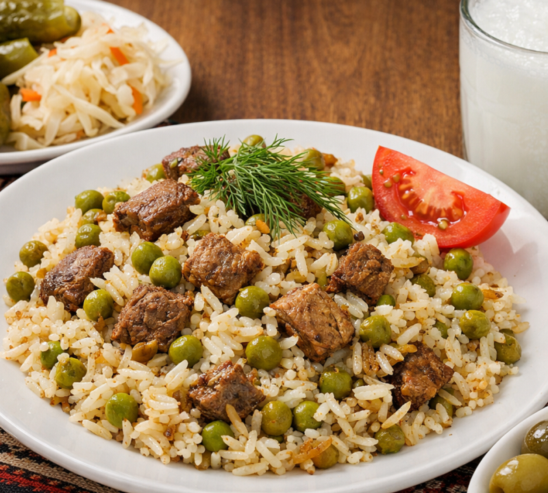 Nahar Süfresine Leziz etli Yasıl Noxudlu Plov